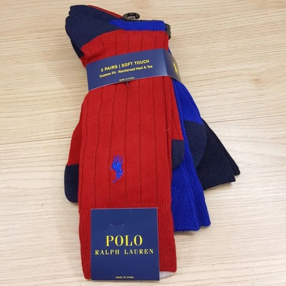 POLO RALPH LAUREN Crew Dress Socks Mens Red Blue 3-Pack Ribbed Knit Pony Logo
